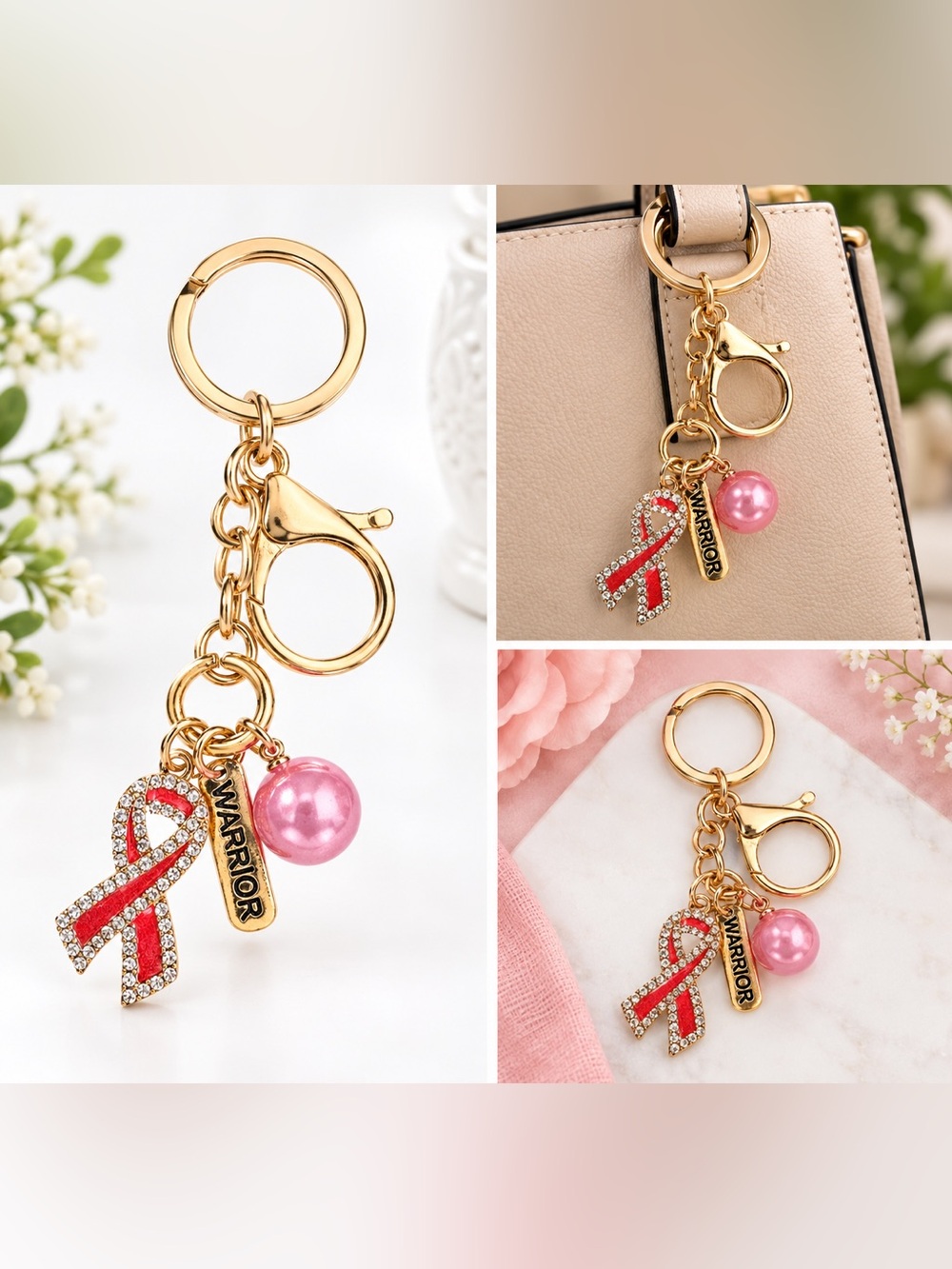 Gold Pink Ribbon Warrior Keychain Charm